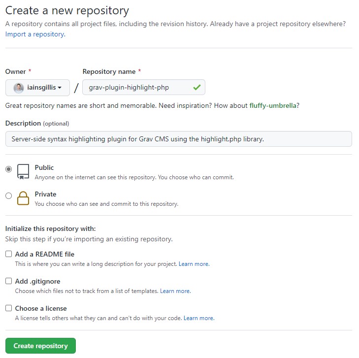 github.com 'Create a new repository' form with values described in steps 1 through 5 above
