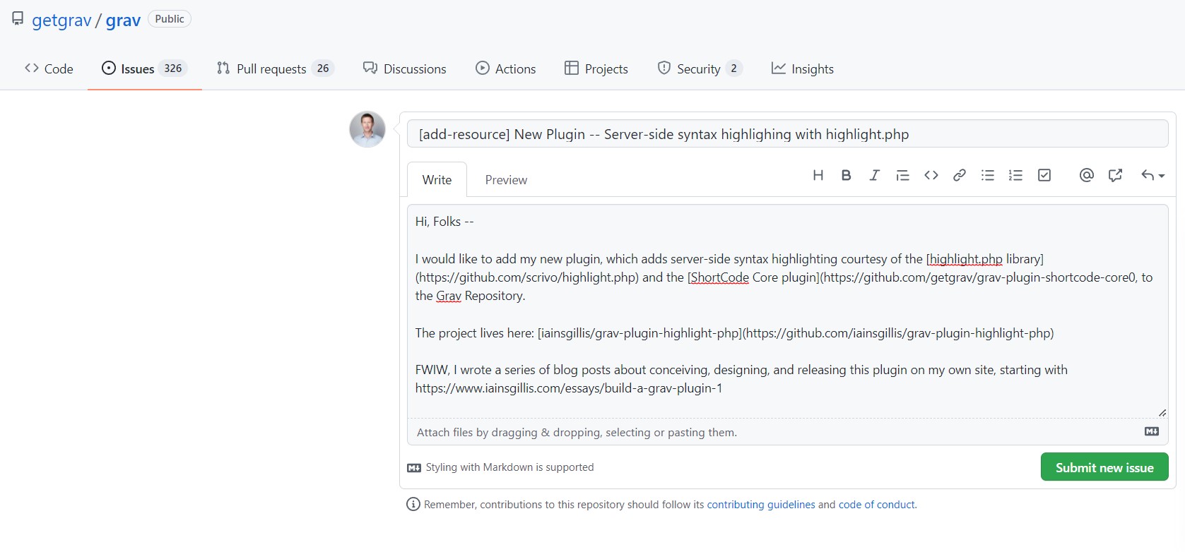 Grav's new plugin/theme GitHub issue template, just prior to submission Grav's new plugin/theme GitHub issue template