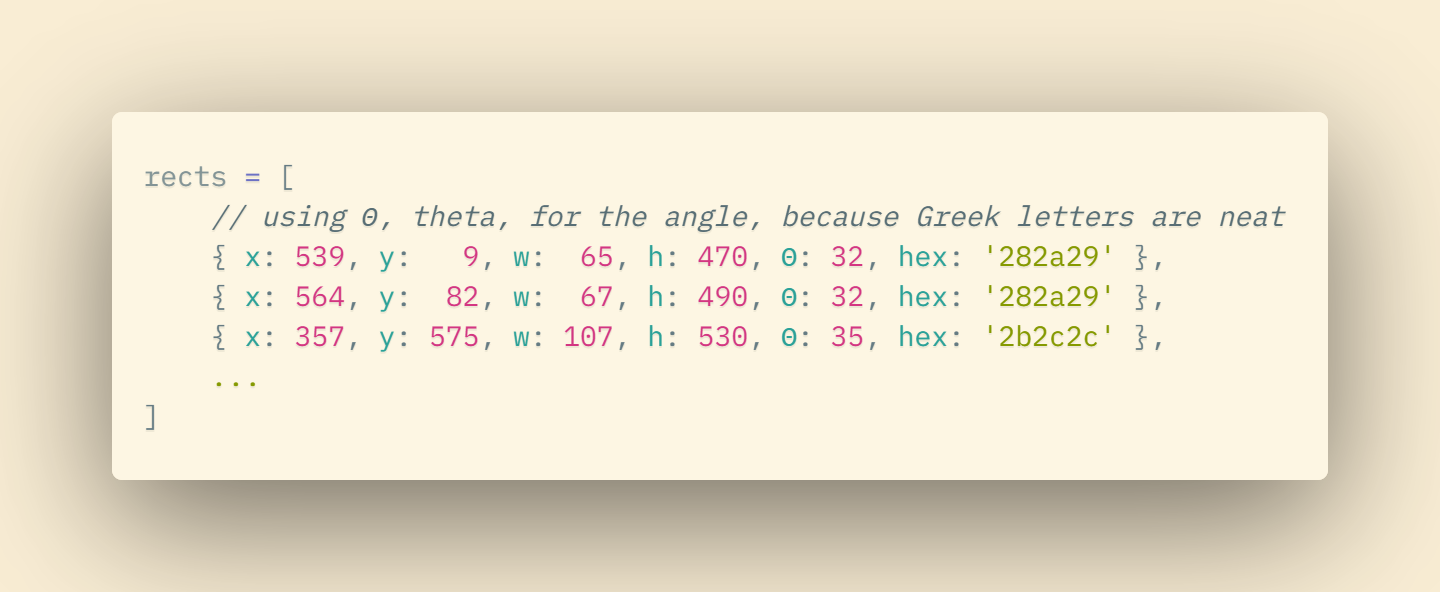 After. Note that keys are light blue, numeric values are pink, and string values are green. JavaScript code snippet with syntax highlighting